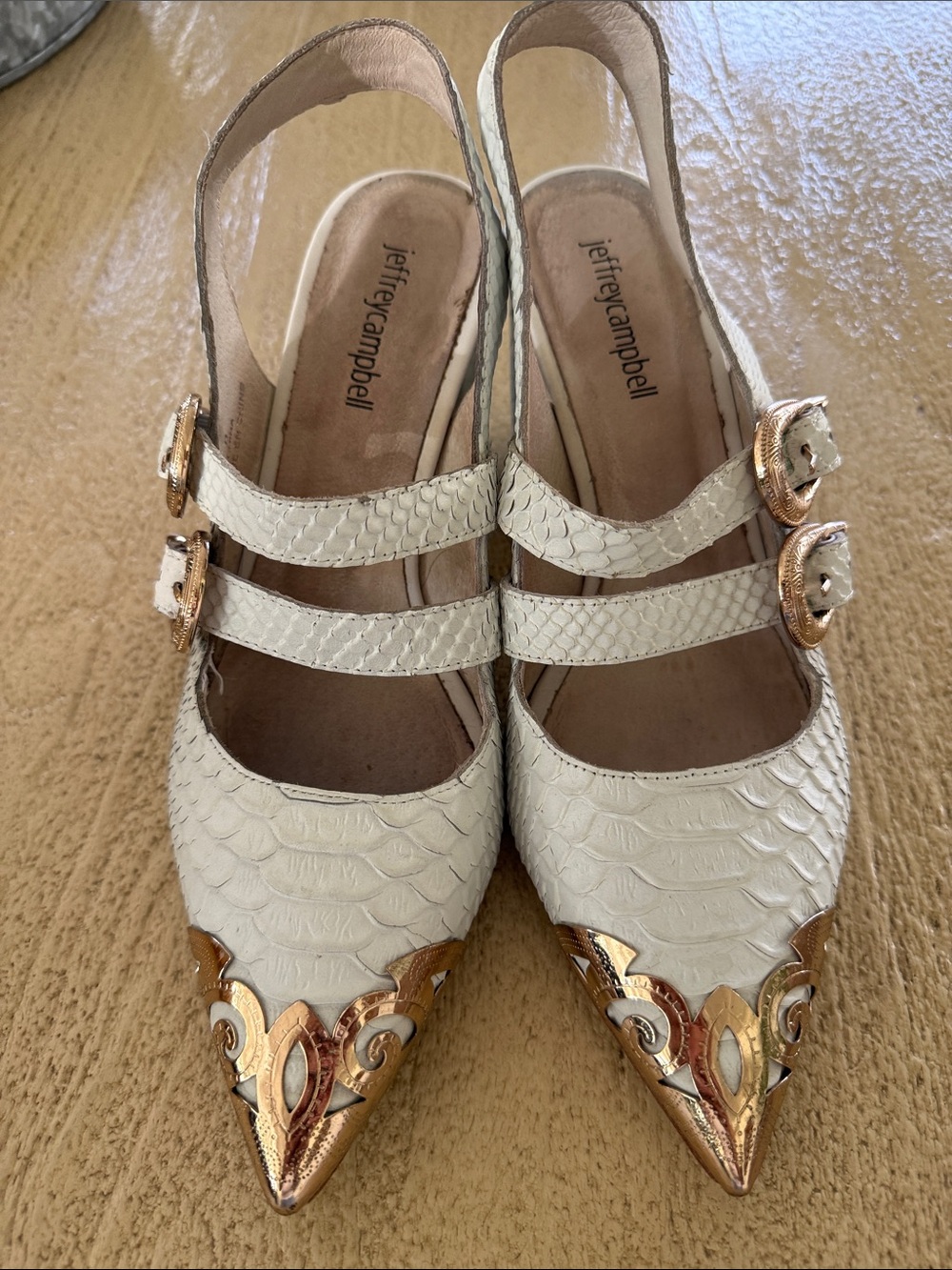 Jeffrey Campbell White Textured Pointed Slingbacks with Gold Toe Accents